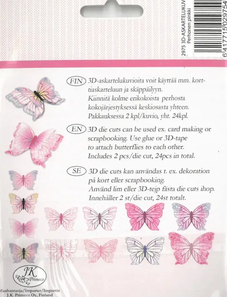 J.K. Primeco 3D Askartelukuviot Perhonen 24Kpl/Pkt
